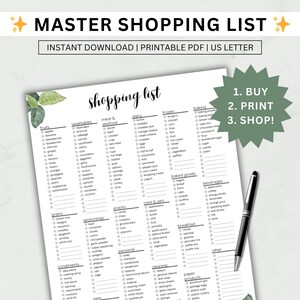 Master-Einkaufsliste, druckbare komplette Lebensmittelliste, Lebensmittel-/Einkaufs-Checkliste mit ausgefüllten Artikeln, Sofort-Download PDF, US Letter