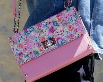 Handmade Leather| Wood Purse with Skull & Rose Design | Small Crossbody Bag | Pink Shoulder Handbag | Unique Artisan Gift for Her