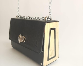 Black Leather Mini Handbag with Resin Wooden Sides – Handmade Small Women’s Purse