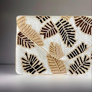 Beaded Clutch Bag Boho Leaf Design Evening Purse White and Multi toned Handbag - Elegant Envelope Clutch for Weddings, Parties, and Gifting