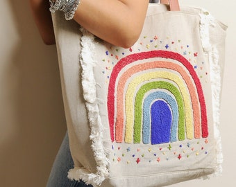 Rainbow Beaded Travel Tote Bag, Indian Boho Shoulder Bag, Multicoloured Large bag, Eco friendly GIft For her Shopping, Sustainable Tote Bags