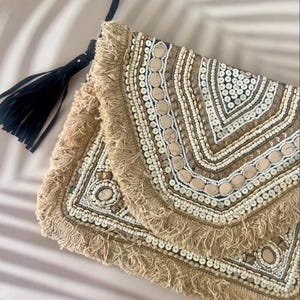 Bolso bohemio con cuentas, estilo indio, hecho a mano, estilo gitano, para mujer, ideal para bodas, festivales, salidas y como regalo de cumpleaños.