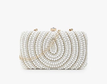 Pochette da sposa con perline, borsa decorata bianca e dorata, borsa in seta finta con perline di perle nuziali, elegante borsa a tracolla per festa serale, regalo per lei