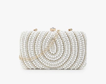 Embrague nupcial con cuentas, bolso adornado blanco y dorado, bolso de seda sintética con cuentas de perlas de boda, elegante bolso de cabestrillo de fiesta de noche, regalo para ella