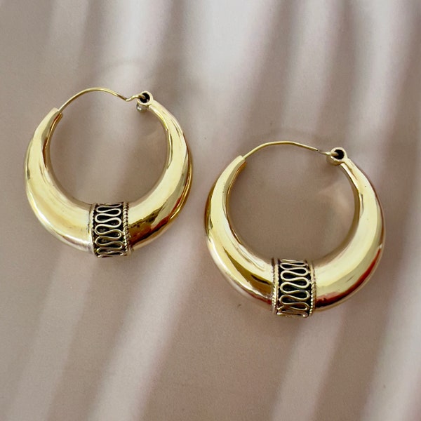 Boho Tribal hoops, Brass Golden earrings, Carved hoops, boho gypsy jewellery, Indian Artisan Handmade ethnic jewellery, Unique Gift ideas