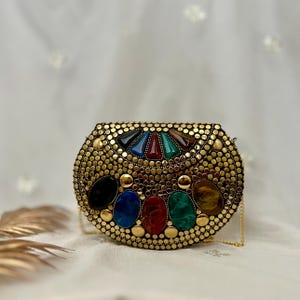 Mosaic Metal Clutch Bag with Stone Work | Gold-Toned Boho Evening Purse | Artisan Crafted Brass Sling Bag | Statement Evening Party Bag