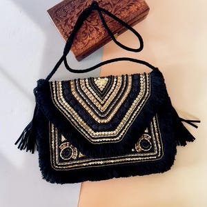 Schwarze Perlen Clutch Bag | Boho Banjara Handtasche | Party Sling Geldbörse | Indisches besticktes Geschenk für sie | Boho Chic Abendtasche für Damen