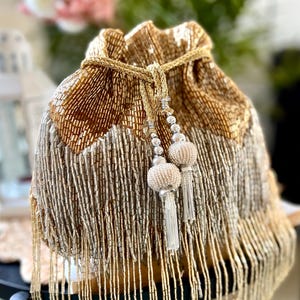 Bolso Potli de lujo con cuentas, detalles de flecos y perlas / Bolso étnico para novias, bodas y fiestas de noche / Clutch de dos tonos, regalo para mujer
