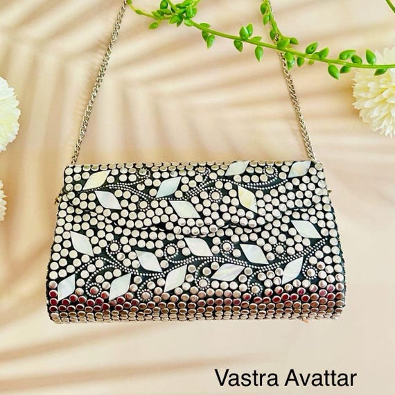 Mosaik Perlmutt Clutch Box, Silber verzierte Abendtasche, formelle