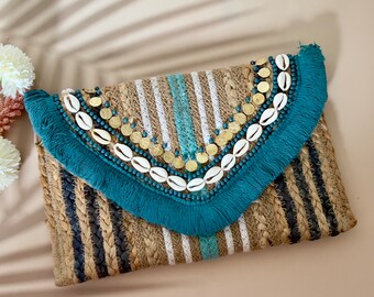 Statement Boho Clutch bag, Structured Jute Sling Bag, Embellished Bohoemian Purse,  Vibrant Beaded Beige and Blue Bag, Unique Gift for her