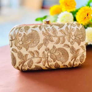 Beige and Gold Embroidered Clutch, Floral Box Clutch, Bridal Wedding Purse, Classy look Bridesmaids, Party Evening Sling Bag, Women’s Gift