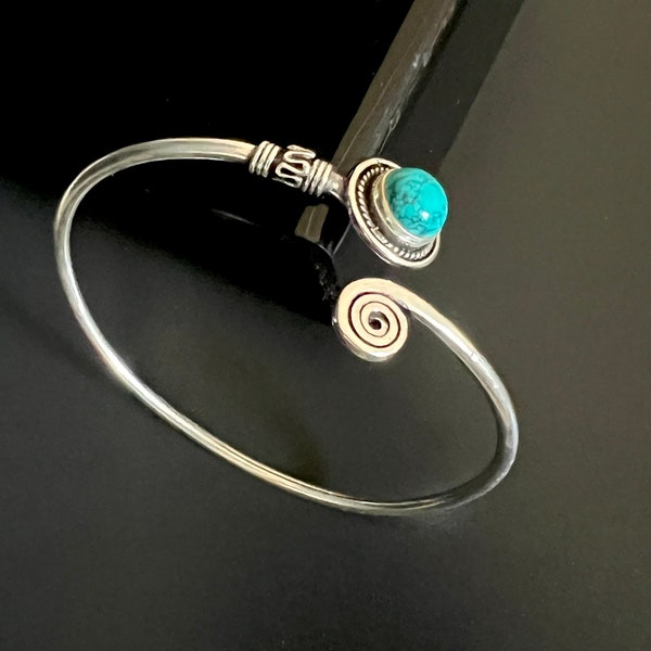 Boho Brass Stone Cuff Bracelet | Adjustable Silver Turquoise Blue Bangle | Versatile Bohemian Armlet | Artisan-Handcrafted Indian Jewellery
