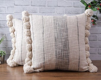 Textured Cotton Cushion Cover Grey Striped Throw pillow case Pom Pom Fringes Boho Case Versatile Rustic, Cottage, and Farmhouse Interiors