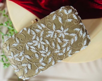 Faux Silk Botanical Beige and White Floral Beaded Clutch Box, Elegant Party Purse for Women, Embellished Sling Box Perfect for Wedding, Gift