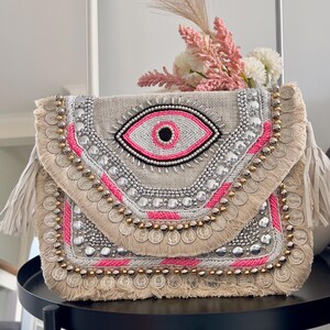 Handmade Off White & Pink Beaded Boho Bag Jute Clutch, Bohemian Themed Wedding Purse, Elegant Bridal Party Bag Crafted Unique Women’s Gift