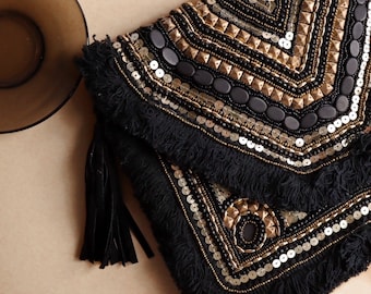 Boho Chic Black Beaded Clutch Bag, Indian banjara bag, Bohemian Handbag with sling, Envelope clutch, Versatile & Elegant Gift for Women