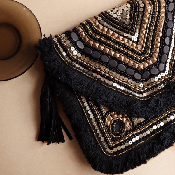 Boho Chic Black Beaded Clutch Bag, Indian banjara bag, Bohemian Handbag with sling, Envelope clutch, Versatile & Elegant Gift for Women