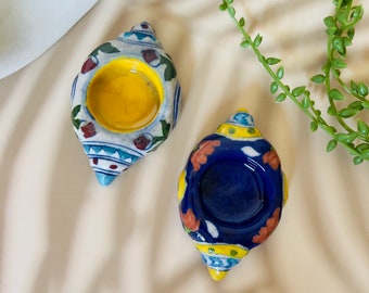 Artisan-Crafted Jaipur Blue Pottery Tea Light Candle Holders, Set of 2 Quartz Floral Table Decor, Handmade Indian Art Creations, Boho Decor