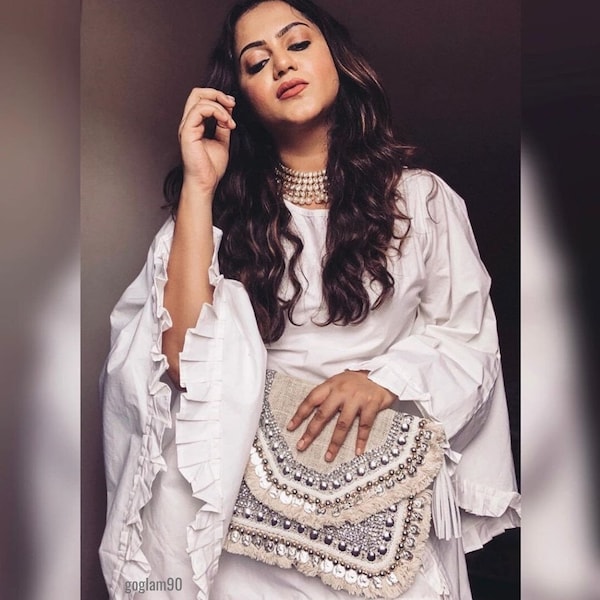 Ivory Boho Clutch Beaded Banjara Bag, Off white Embellished Jute Bag, Bohemian Purse for Women Friendly Fashion with a Touch of Elegance