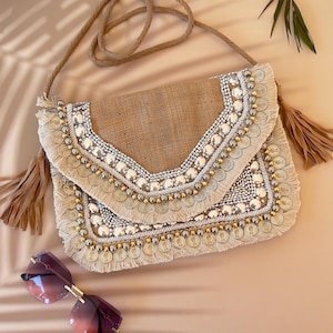 Handgemachte indische Jute-Clutch, Boho Crossbody Geldbörse, Boho Sling Bag, Handgemachtes einzigartiges Geschenk für Frauen
