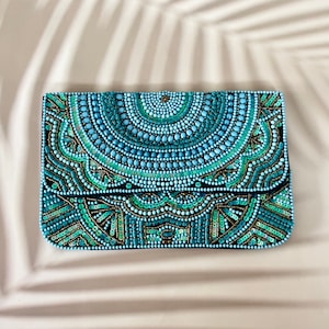 Blue Hues Beaded and Sequins Clutch Bag, Embellished Party Sling Bag, Indian Ethnic Hand beaded Festival Fancy Purse for women, Gift for her