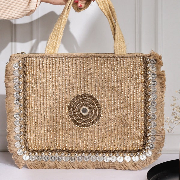 Sac fourre-tout indien en jute naturel, sac à bandoulière en perles, sac bohème éthique, cabas de voyage bohème chic, sac à la mode polyvalent marron et argent