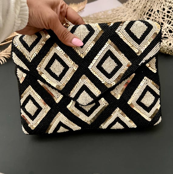 Pochette a busta nera e argento Borsa da sera con perline e