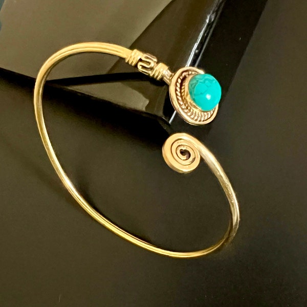 Boho Brass Stone Cuff Bracelet | Adjustable Golden Turquoise Blue Bangle | Versatile Bohemian Armlet | Artisan-Handcrafted Indian Jewellery