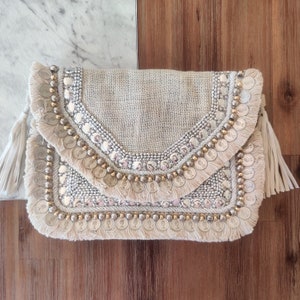 Off White Boho Clutch Beaded Banjara Bag Indian Handmade Jute Bag Bohemian Purse for Women Friendly Fashion with A Touch of Elegance Gift