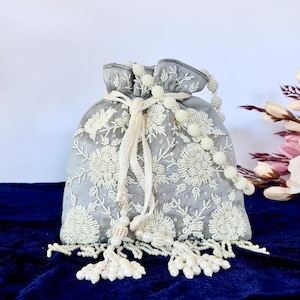 Elegant Gray Embroidered Bag | Top handle Bridal Beaded Clutch | Handmade Indian Potli purse for Wedding & Festive Accessory | Gift for her