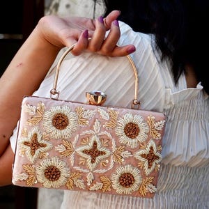 Bolso de mano de noche con asa superior de terciopelo rosa / Bolso bandolera de fiesta con cuentas y bordados de pájaros y flores para mujer / Bolso de novia para boda / Regalo