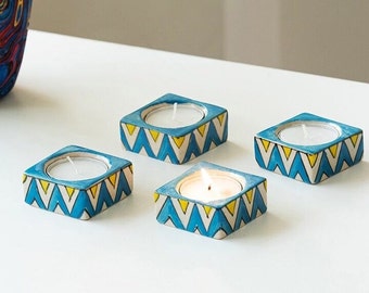 Hand Painted Tea Light Candle Holders | Mughal Printed Ceramic Blue Zig-Zag Indian Artisans | Home Decor and Unique Gift | Set of 4 pieces