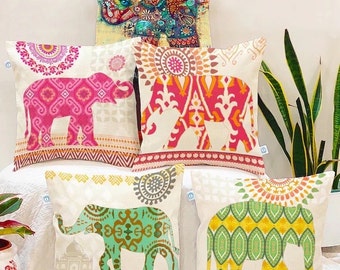 Elephant Motifs Indian Cushion Covers, Set of five Ethnic square pillow cases  Traditional home decor, Decor Gift Ideas, Unique Boho accent