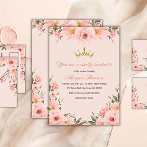 Pacote de convites editáveis para chá de bebê | Tema Princesa | Sorteio de fraldas, Livros para bebês, Cartões de agradecimento | Modelo Canva
