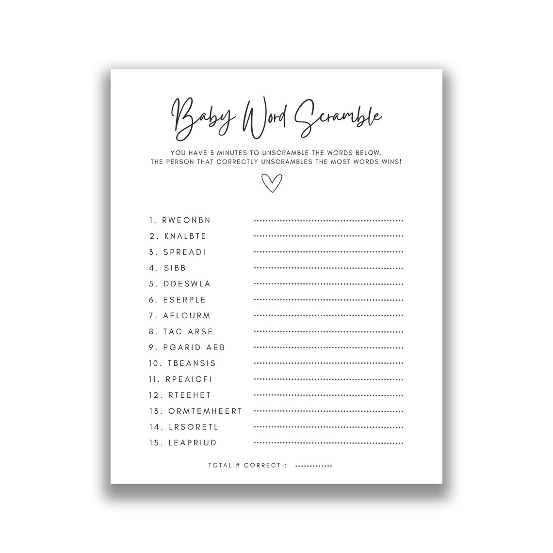 Baby Shower Word Scramble With Answer Key, Baby Shower Game, Baby