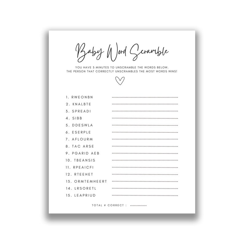 Baby Shower Word Scramble With Answer Key, Baby Shower Game, Baby