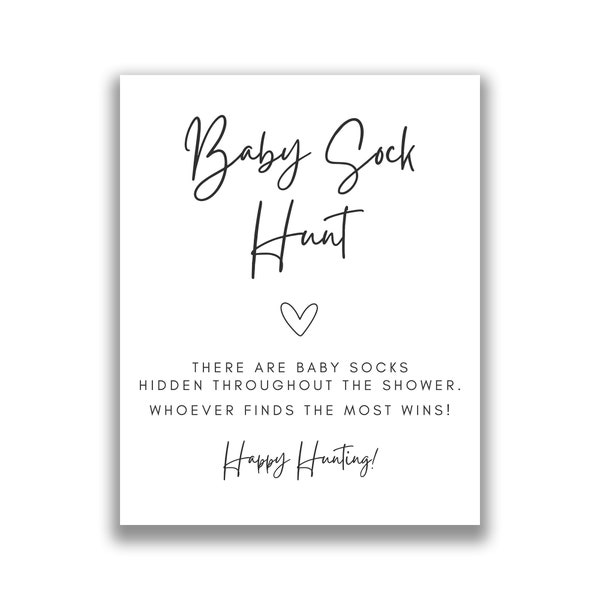 Baby Shower Baby Sock Hunt Game, Simple Black and White Boy Girl Gender Neutral Printable Baby Shower Sign, Baby Shower Games