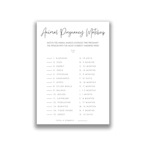 Baby Shower Animal Pregnancy Matchup Game, Simple Black and White Boy Girl Gender Neutral Printable Baby Shower Game, Animal Gestation Game