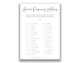 Baby Shower Animal Pregnancy Matchup Game, Simple Black and White Boy Girl Gender Neutral Printable Baby Shower Game, Animal Gestation Game