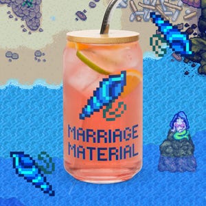 Stardew Valley Mermaid Pendant "Marriage Material" Glass - Perfect for cozy gamers, iced coffee lovers, engagement gifts, and wedding gifts