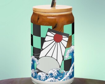 UPDATED DESIGN! ༄ Demon Slayer-Inspired Tanjiro Kamado Haori/Hanafuda Glass Can with or without Lid & Straw ༄ gift for manga and anime fans