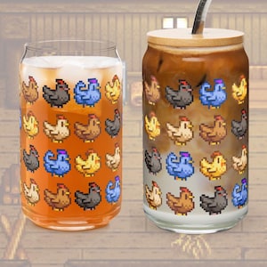 Stardew Valley Chickens Can-Shaped Glass, 16oz - Perfect for cozy gamers, iced coffee lovers, graduation gifts, and birthday gifts