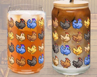 Stardew Valley Chickens blikvormig glas met deksel en rietje: gezellig cadeau voor gamer en koffieliefhebber