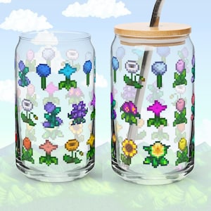 Stardew Valley Flowers Can-Shaped Glass: Gift for cozy gamers and iced coffee lovers