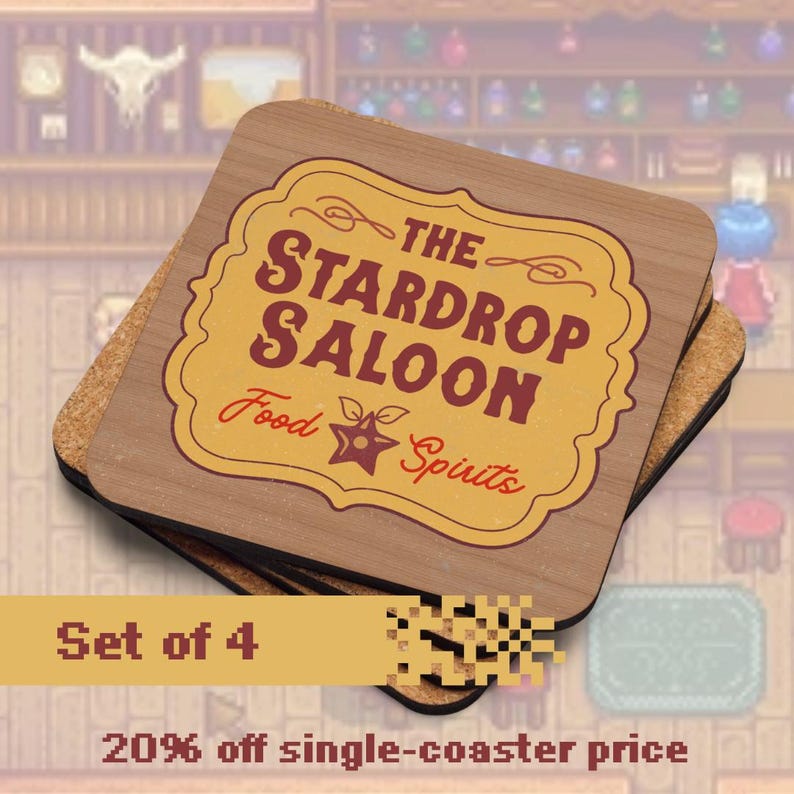 Ensemble de 4 sous-bocks Stardew Valley The Stardrop Saloon : cadeau de joueur confortable pour les amateurs de café glacé et de RPG image 1