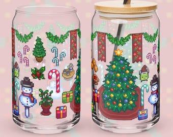 Feest van de winterster in Stardew Valley, kerstblikvormig glas: gezellig gamervakantiecadeau met deksel en rietje