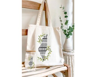 Keffiyeh Olive Palestine Tote Bag & Glass Cup Bundle