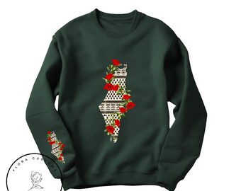 Kuffeyah Palestine Map Sweatshirt: Olive Vine & Poppy Flowers