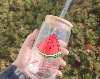 Palestine Watermelon Glass Cup with Bamboo Lid & Straw