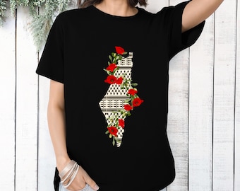 Keffiyeh Palestine Map T-Shirt: Poppy & Olive Vine Design